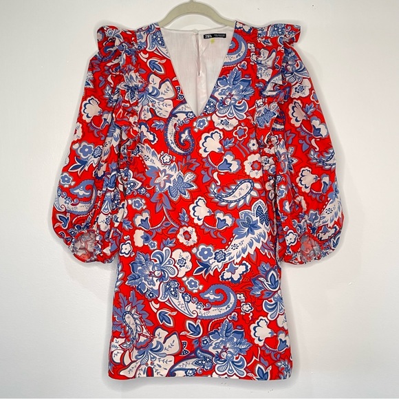 Zara Floral Dress with Balloon Puff Sleeves Red, White, And Blue 4th Of July M - Picture 1 of 8